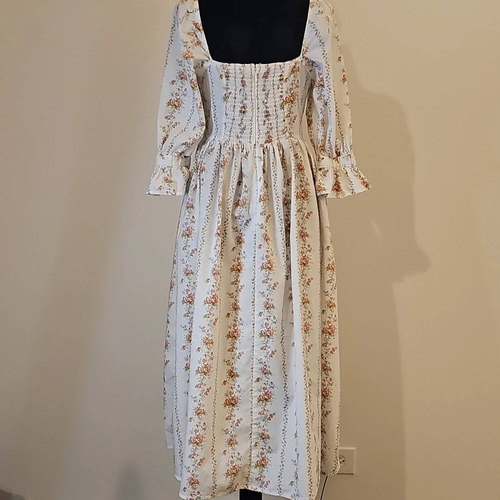 Forever 21 White Floral Cottagecore Milk Maid Midi Dress w/ Slit Size Small - Picture 2 of 10
